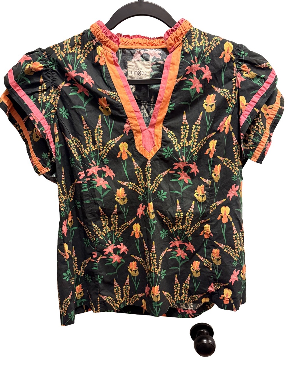 Umgee Black Floral Ruffle Sleeve Blouse Medium Boho Boutique Top